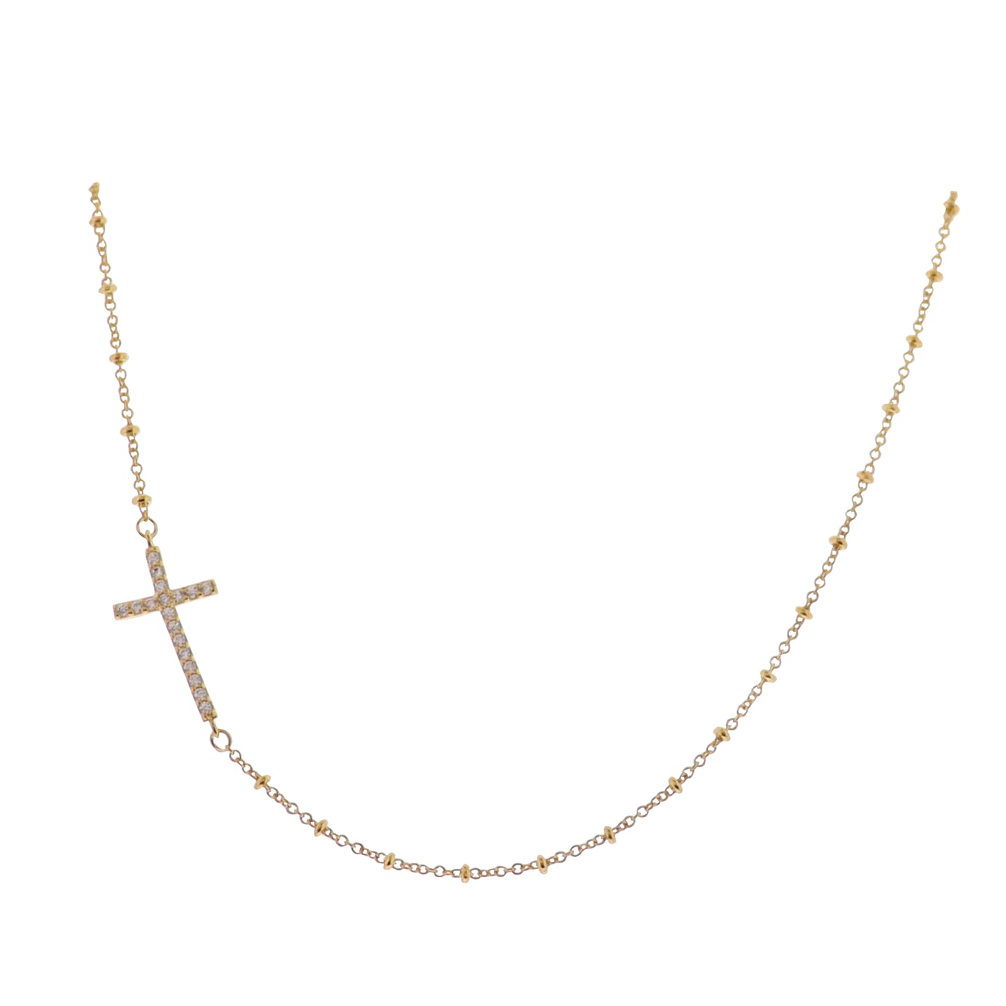18K Gold Plated Gold Ball Chain Necklace with Clear Crystal Cross on the Side