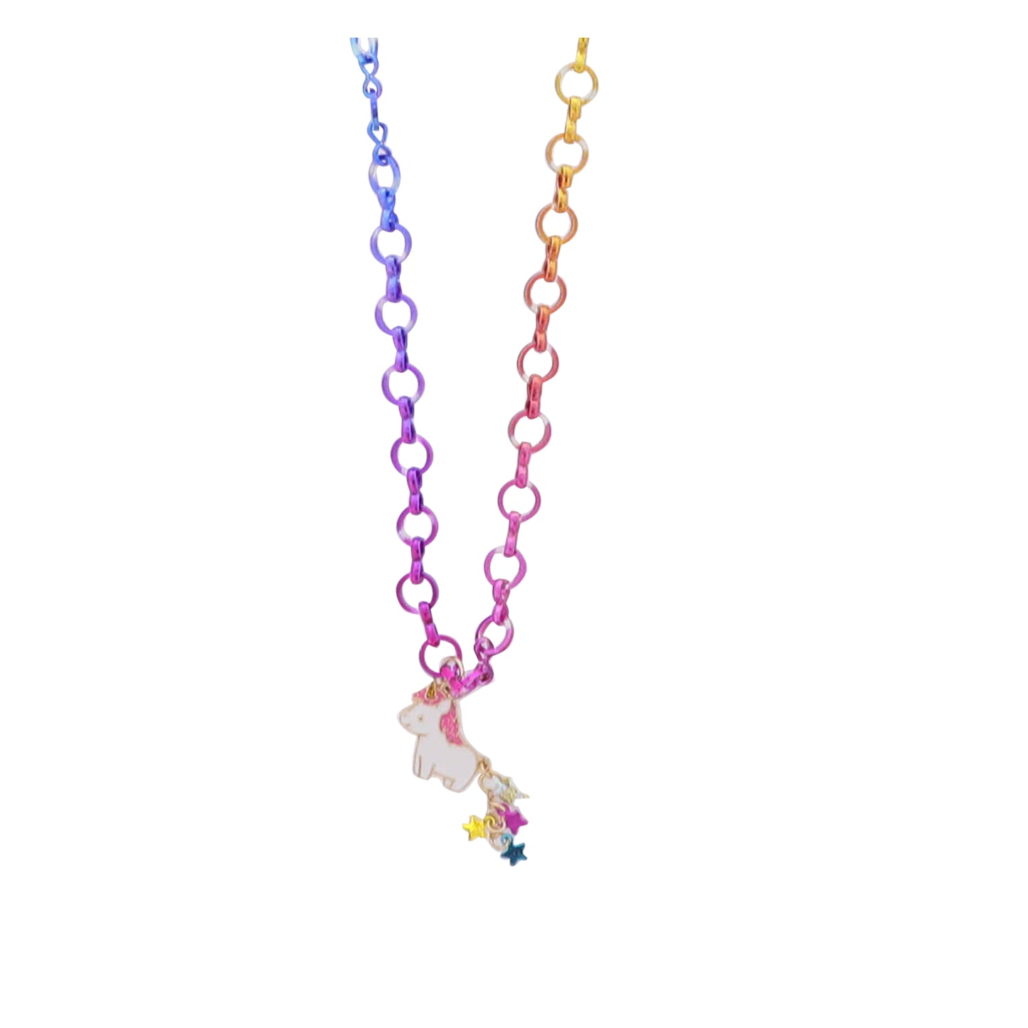 Kids Multi Chain Necklace with White, Pink Enamel Unicorn with Tassel & Star Tail