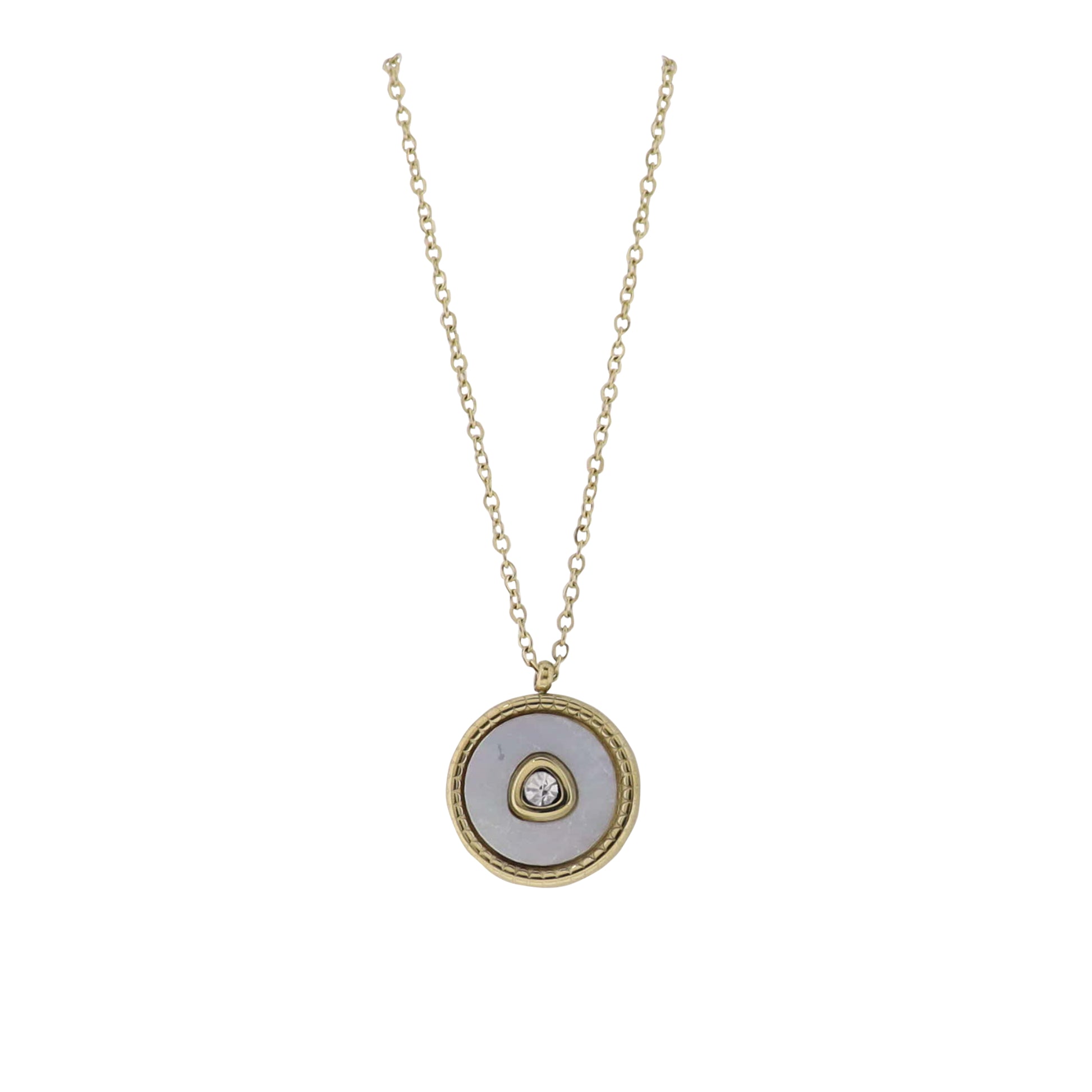 18K Gold Plated O-Shaped Chain Necklace with White Shell Circle with Center Crystal