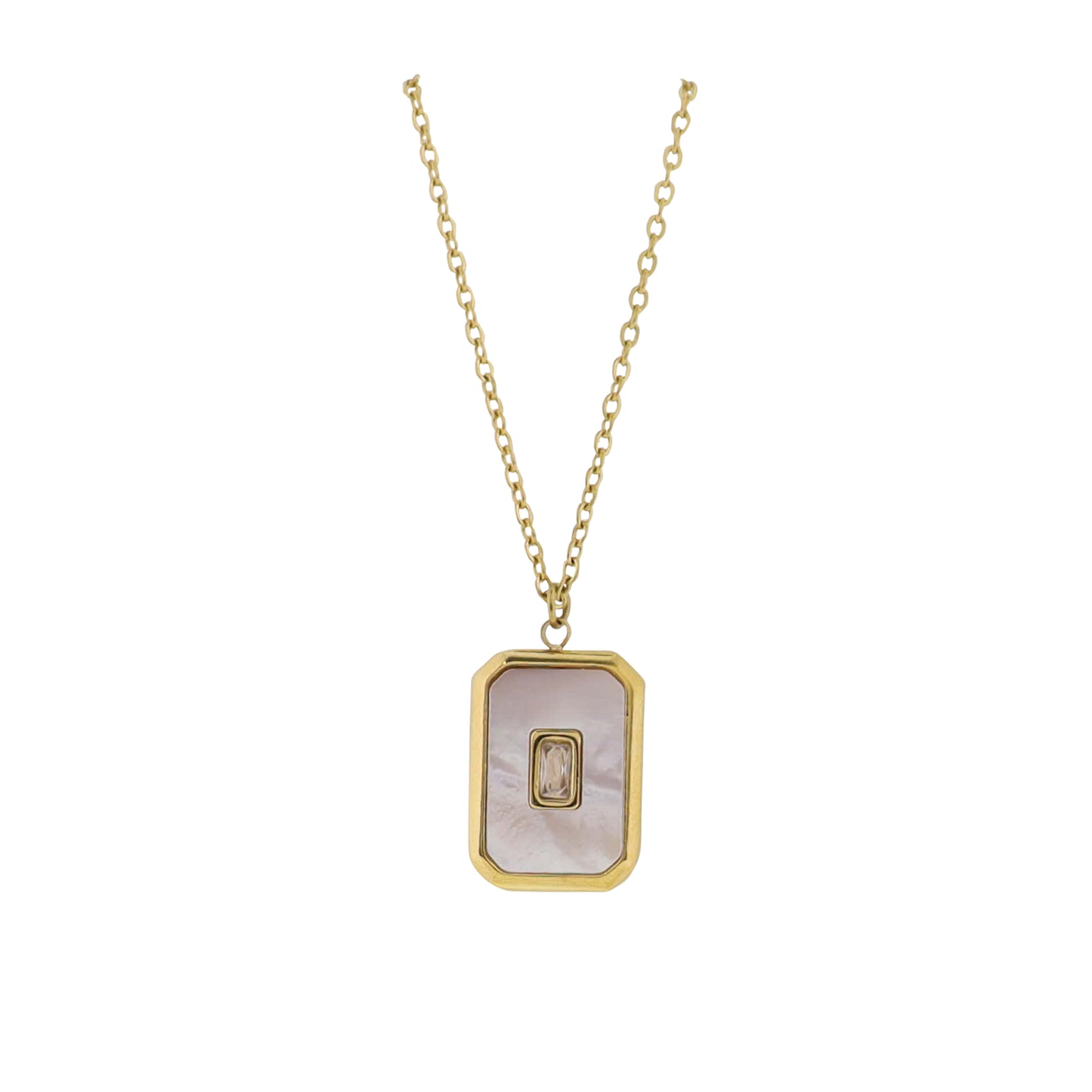 18K Gold Plated O-Shaped Chain Necklace with White Shell Rectangle with Center Crystal
