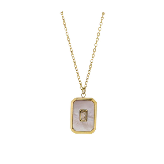 18K Gold Plated O-Shaped Chain Necklace with White Shell Rectangle with Center Crystal