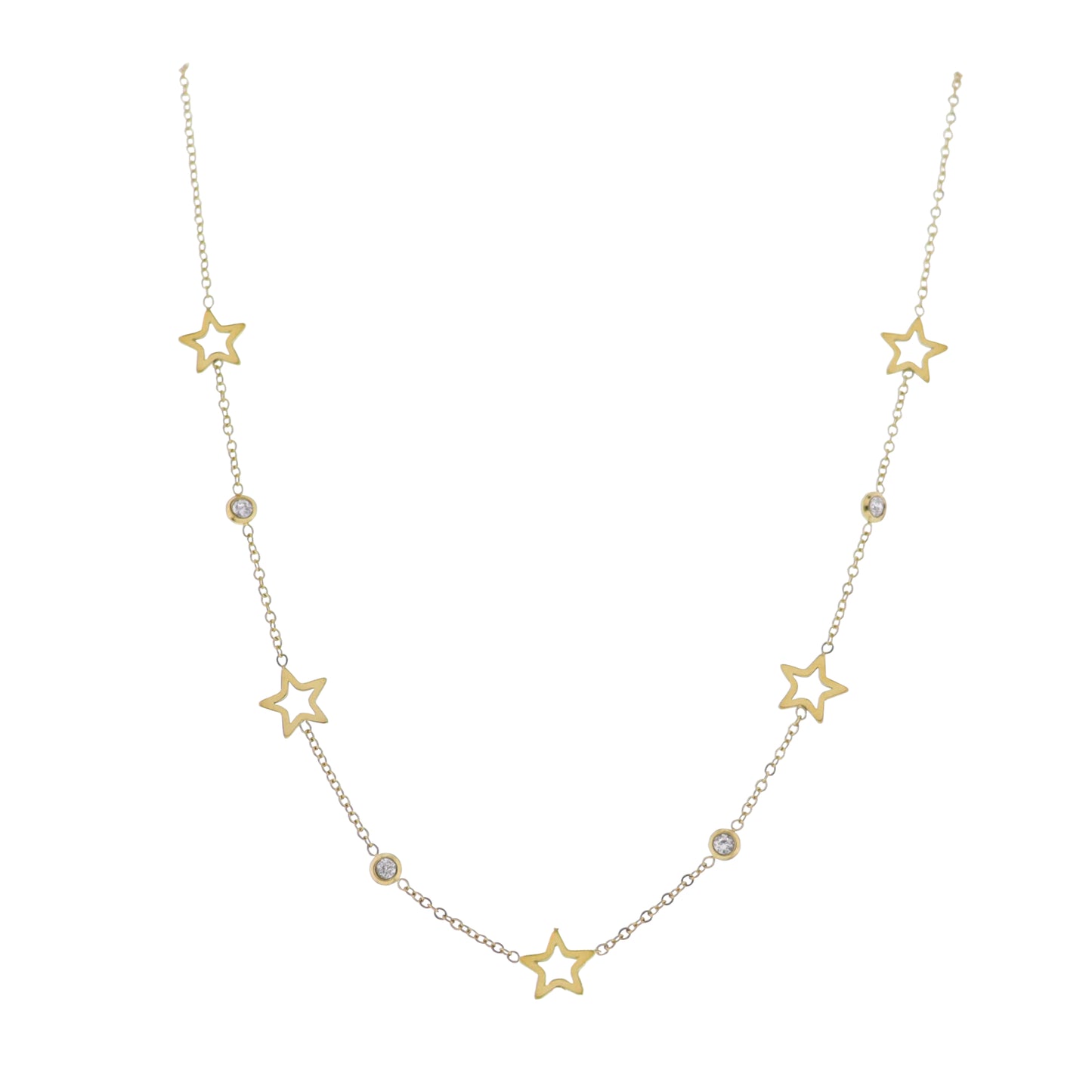 18K Gold Plated O-Shaped Chain Necklace with Clear Crystals & Gold Stars