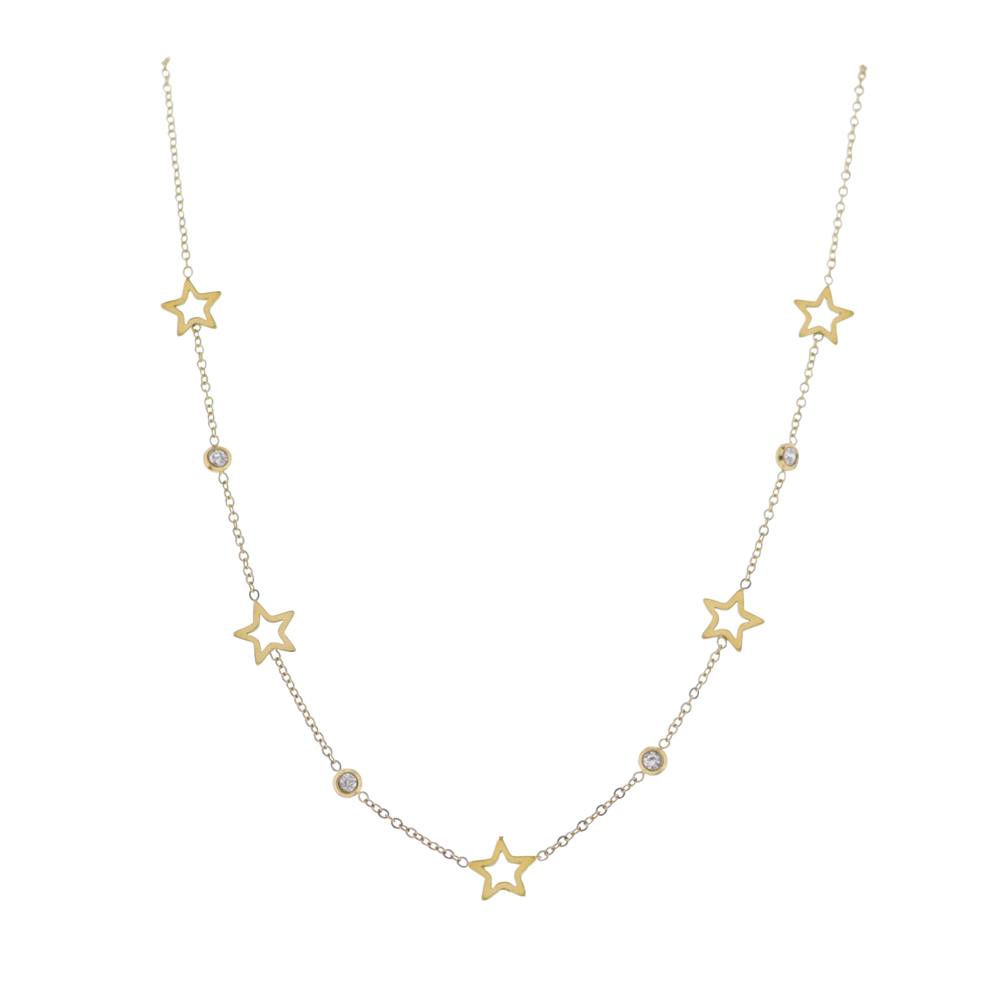 18K Gold Plated O-Shaped Chain Necklace with Clear Crystals & Gold Stars