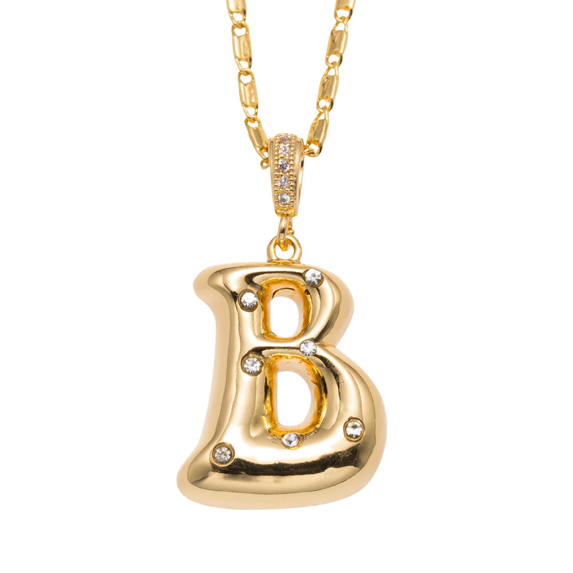 18K Gold Plated Wheat Chain Necklace with Embedded Crystal Initial "B"