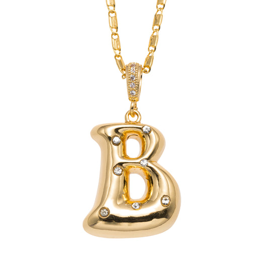 18K Gold Plated Wheat Chain Necklace with Embedded Crystal Initial "B"