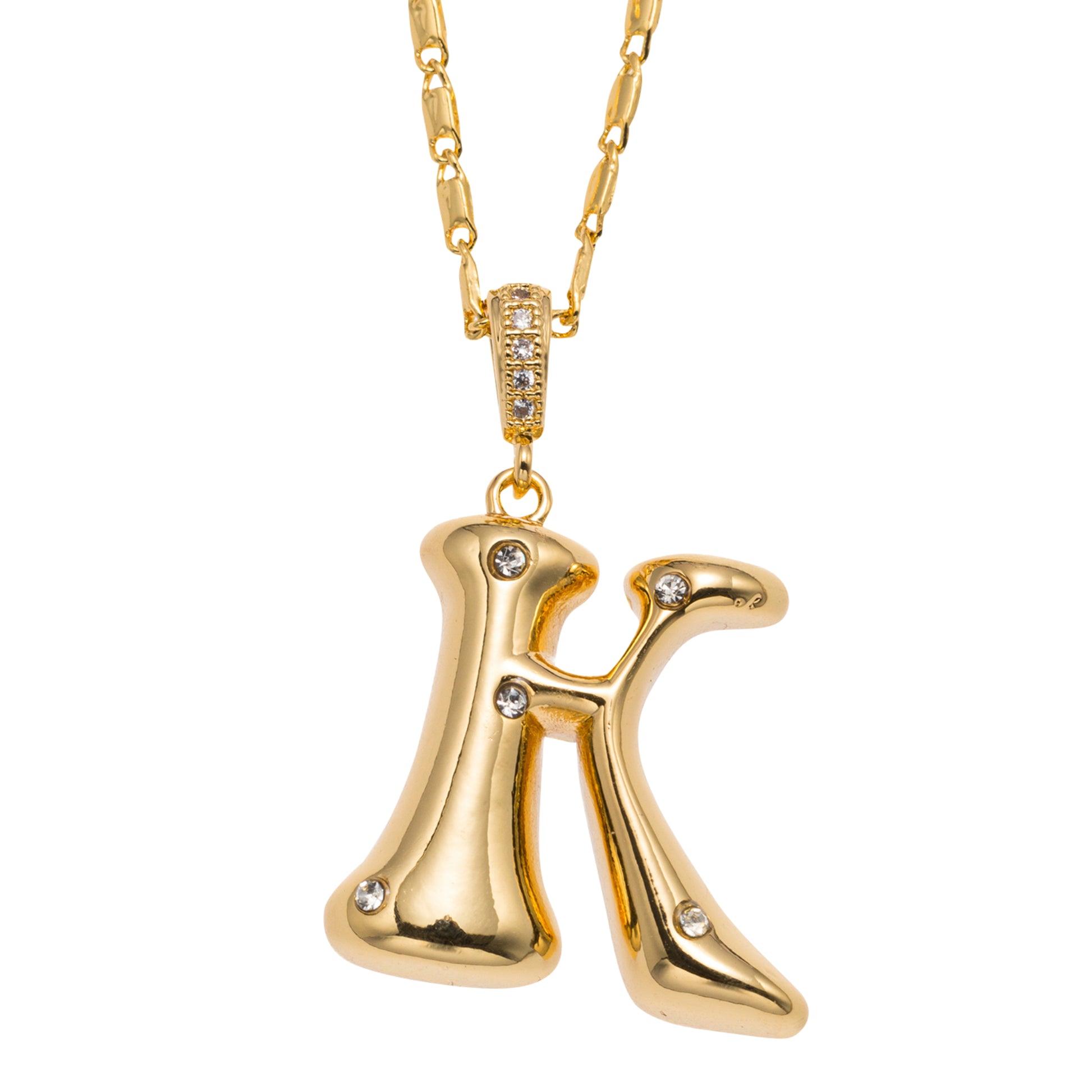 18K Gold Plated Wheat Chain Necklace with Embedded Crystal Initial "K"