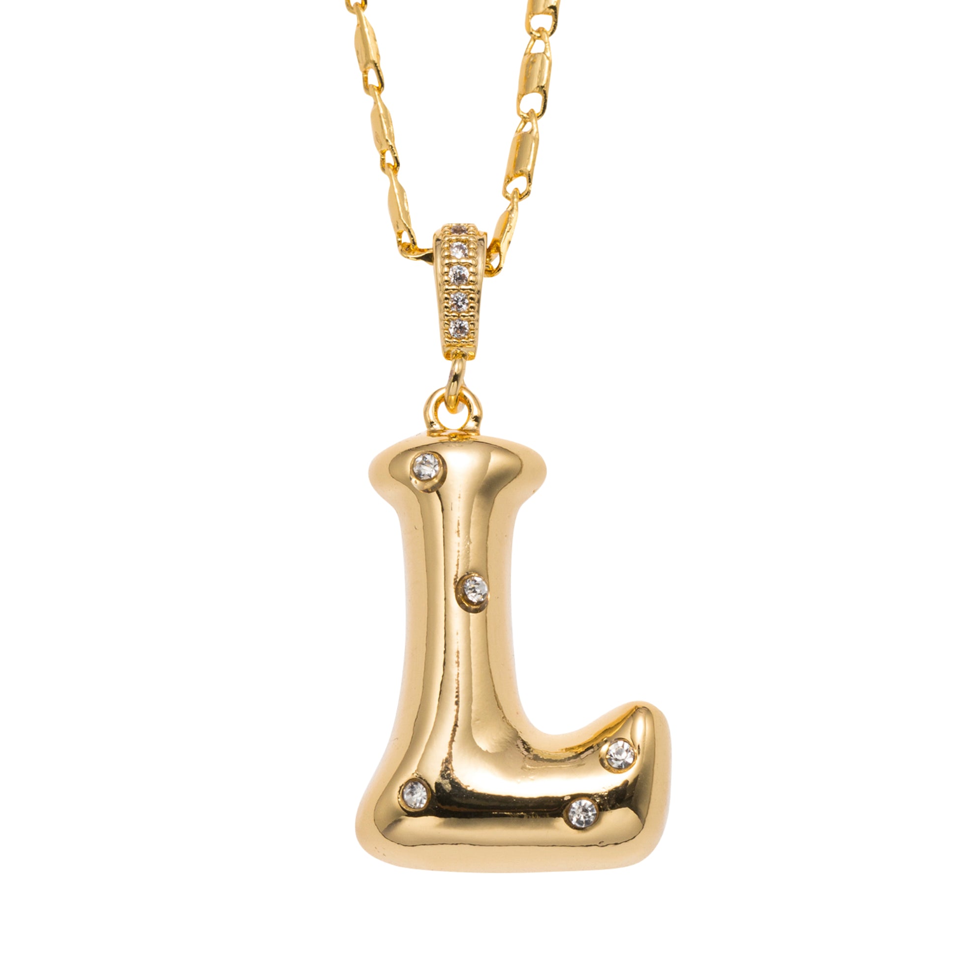 18K Gold Plated Wheat Chain Necklace with Embedded Crystal Initial "L"