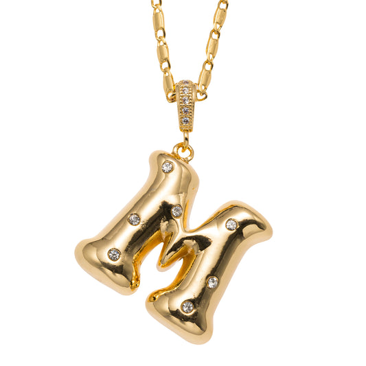 18K Gold Plated Wheat Chain Necklace with Embedded Crystal Initial "M"