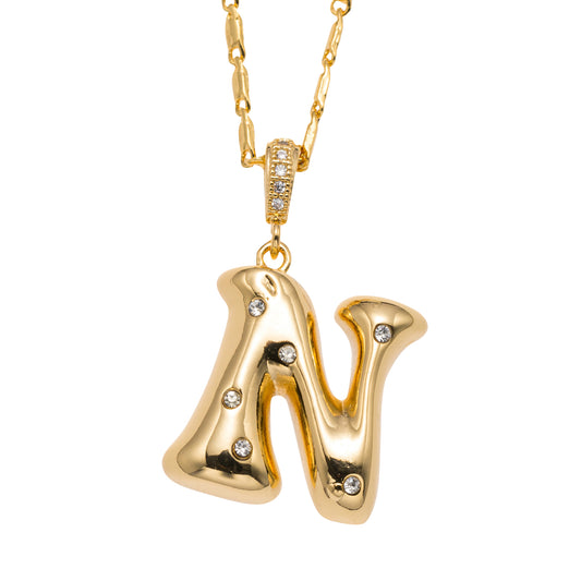 18K Gold Plated Wheat Chain Necklace with Embedded Crystal Initial "N"