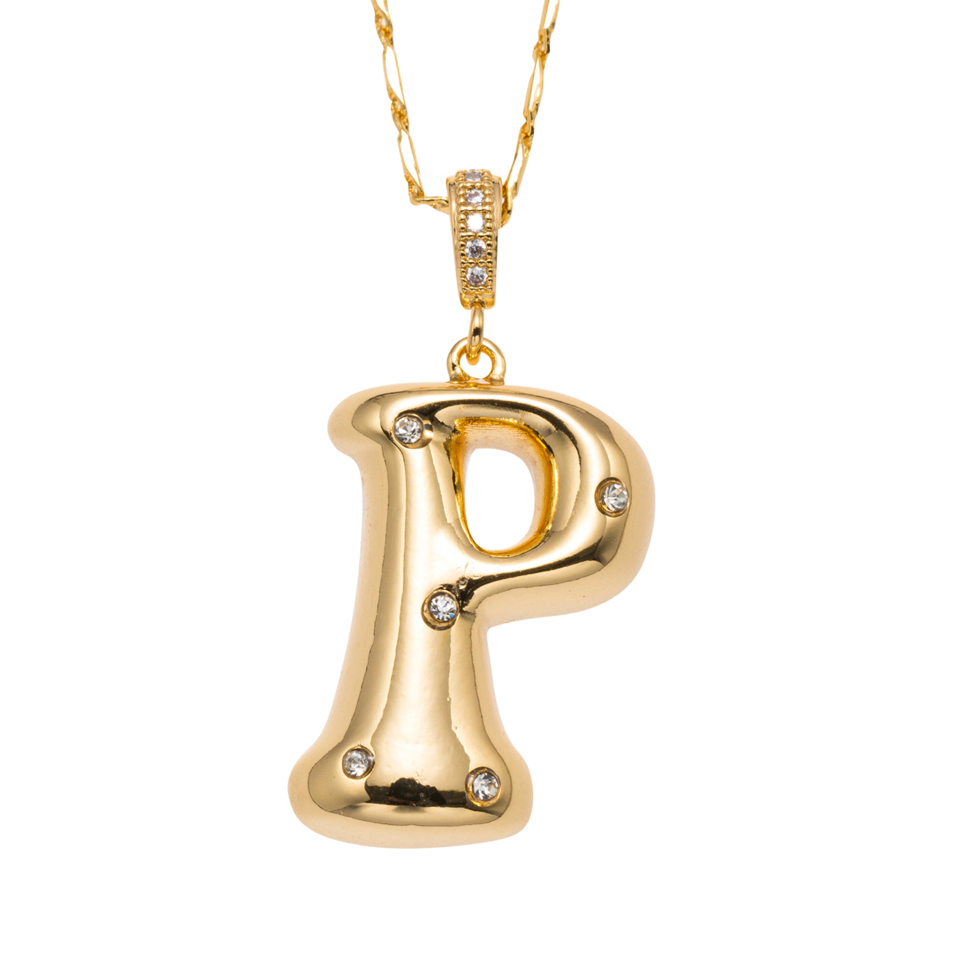 18K Gold Plated Wheat Chain Necklace with Embedded Crystal Initial "P"