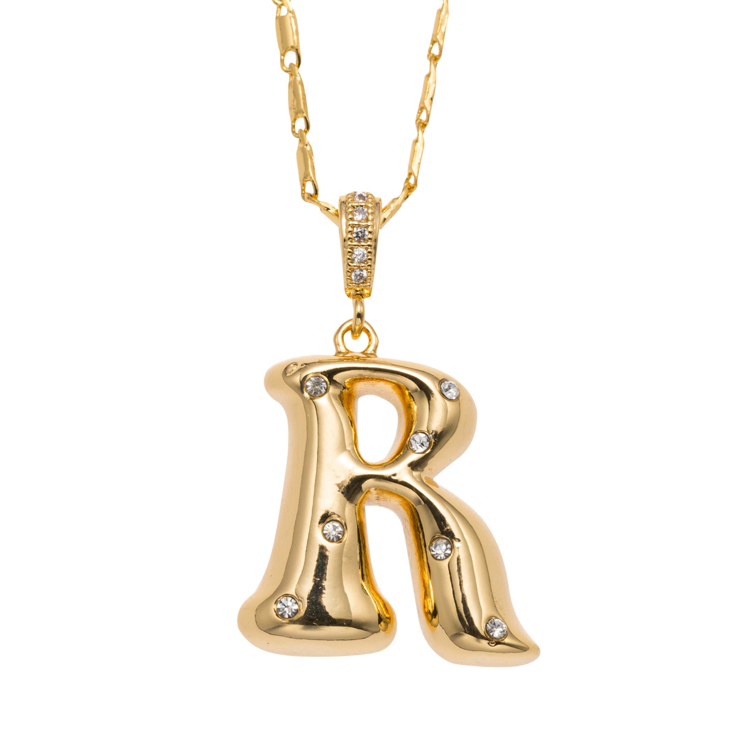18K Gold Plated Wheat Chain Necklace with Embedded Crystal Initial "R"