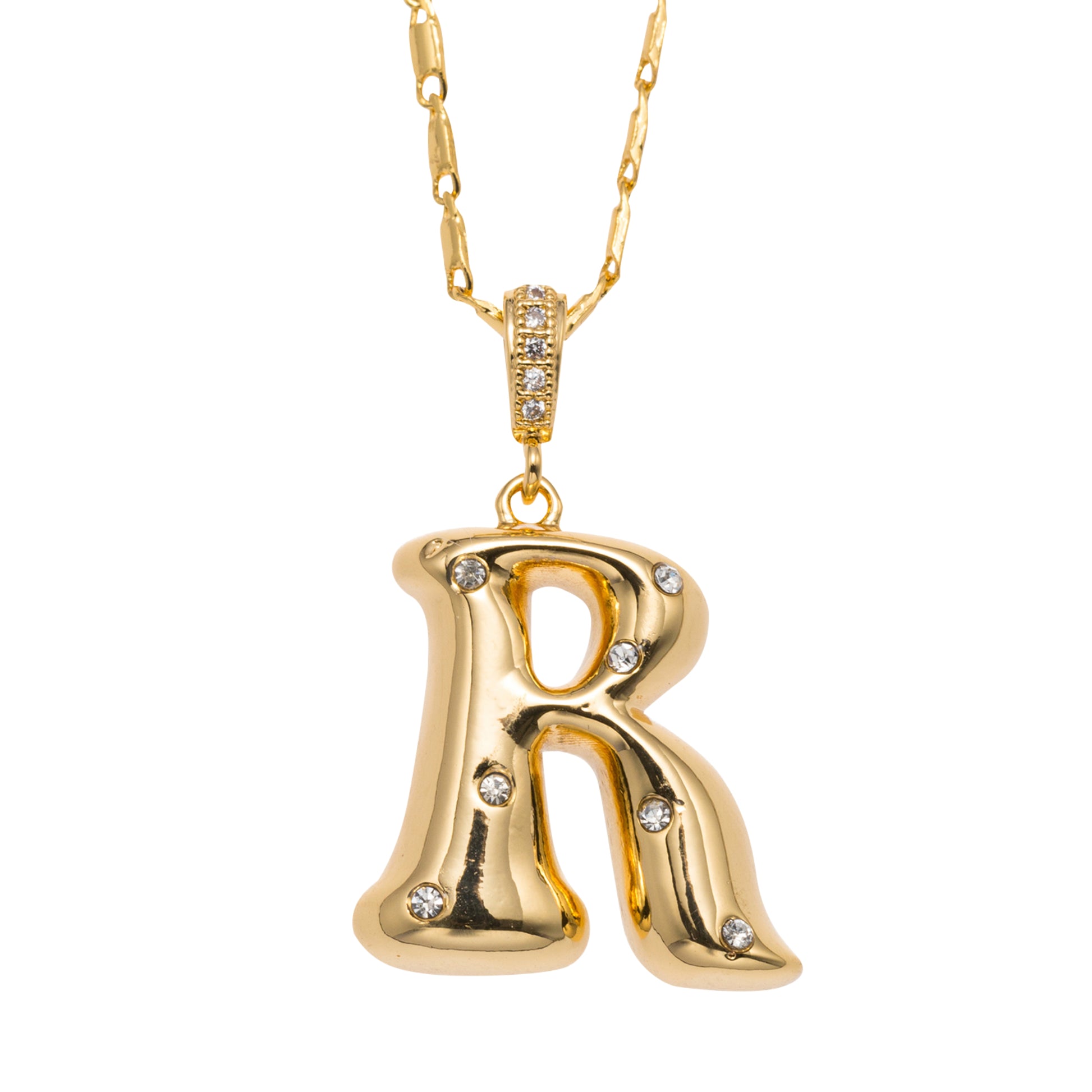 18K Gold Plated Wheat Chain Necklace with Embedded Crystal Initial "R"