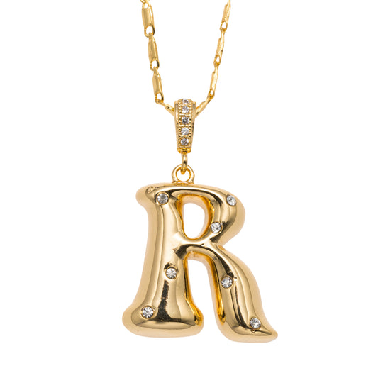 18K Gold Plated Wheat Chain Necklace with Embedded Crystal Initial "R"