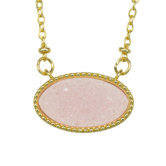 Kids 18K Gold Plated Necklace with Pink Oval Druzy