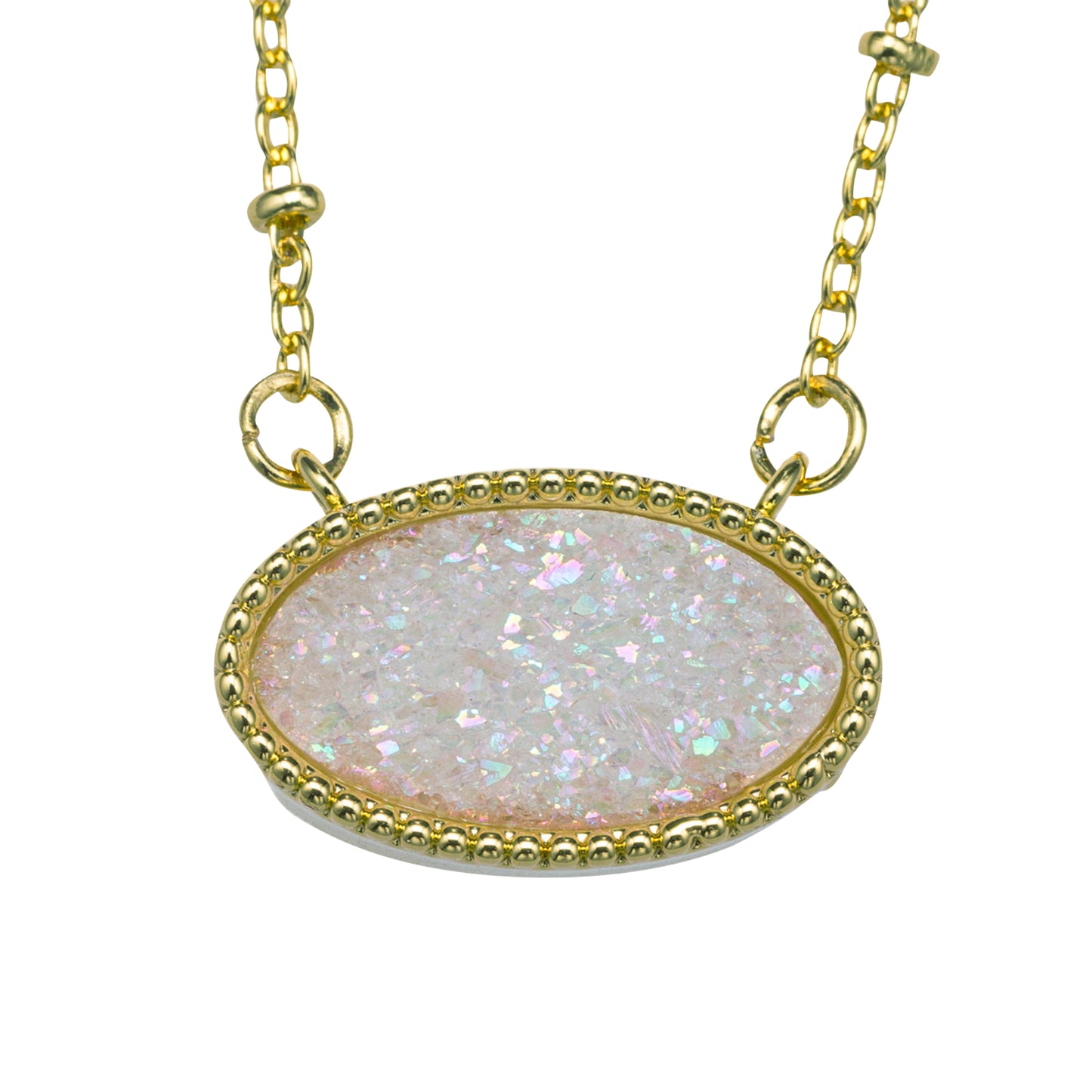 Kids 18K Gold Plated Necklace with AB White Oval Druzy