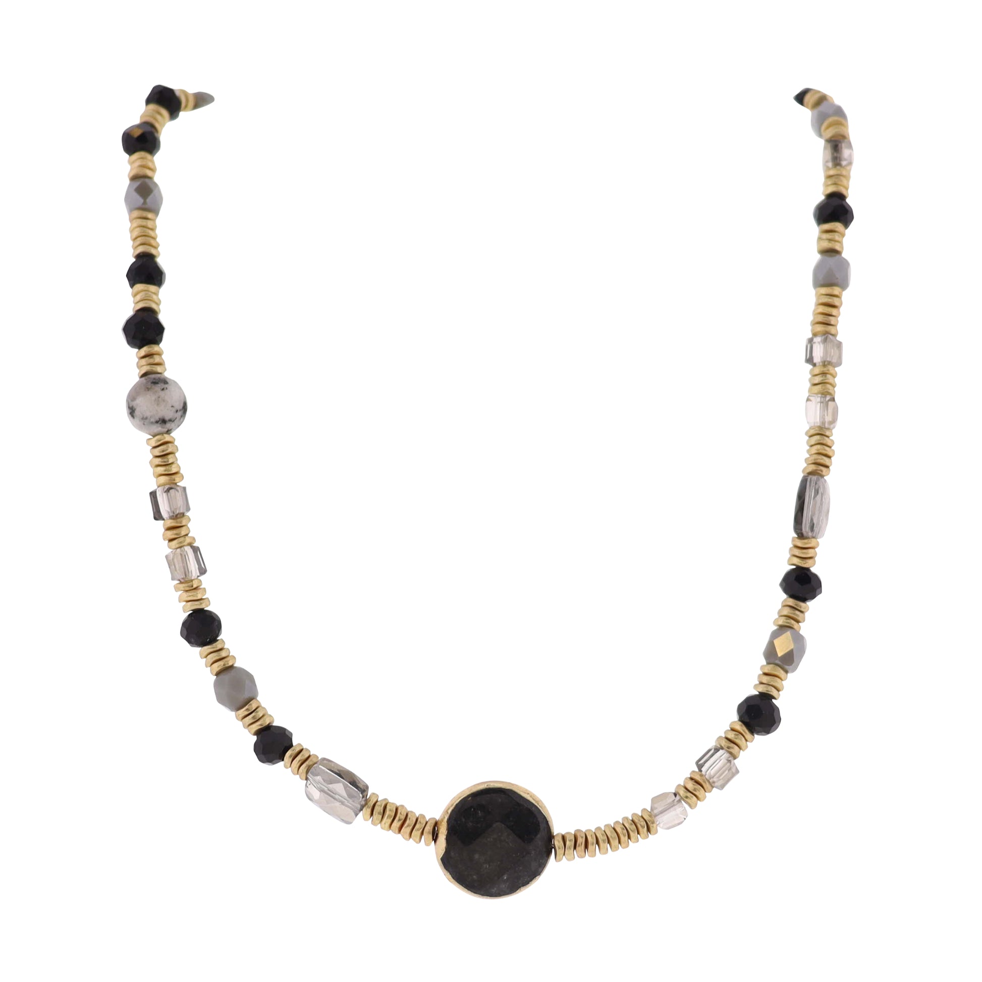 Black, Grey, Smokey, Gold Stone, Faceted & Seed Beaded Necklace with Jet Circle Stone