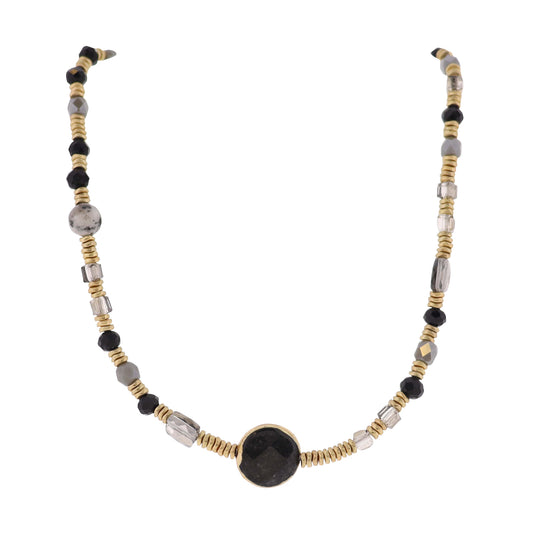 Black, Grey, Smokey, Gold Stone, Faceted & Seed Beaded Necklace with Jet Circle Stone
