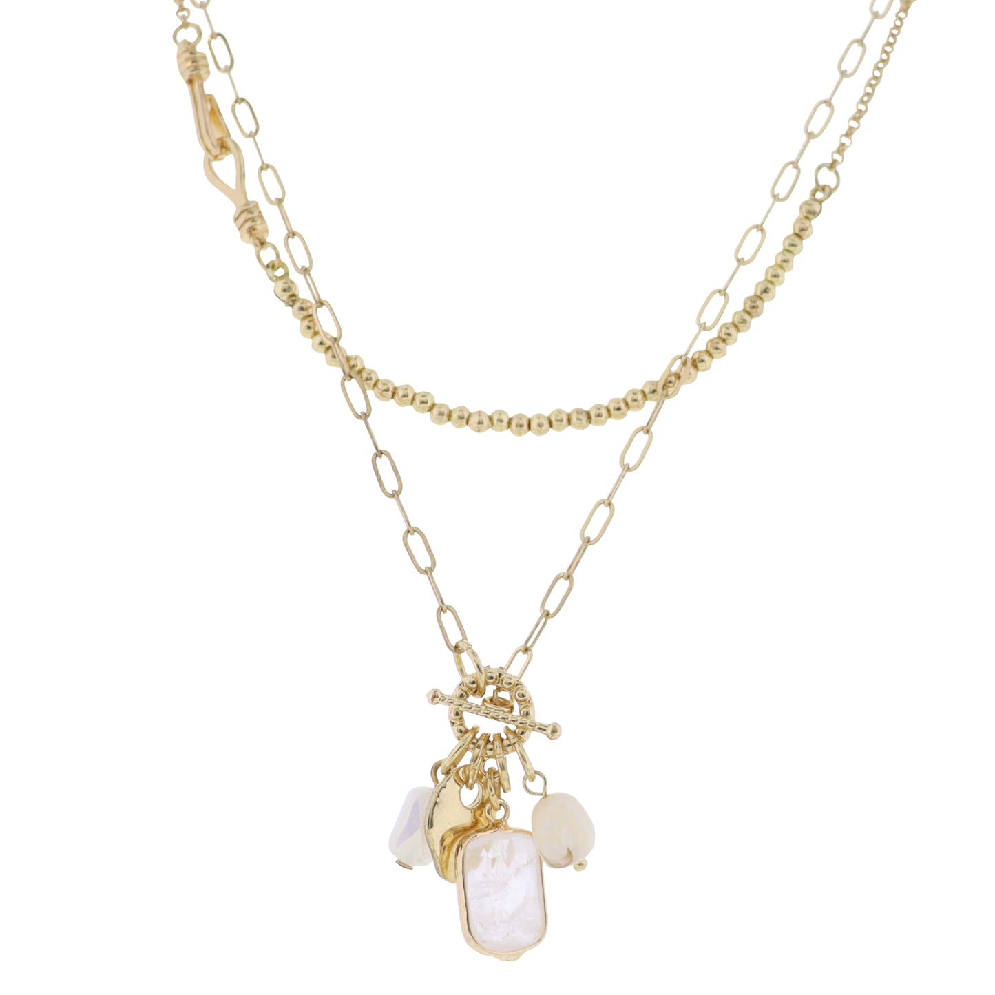 Gold Chain 2 Layer Necklace with Clear, Natural Charm Accents