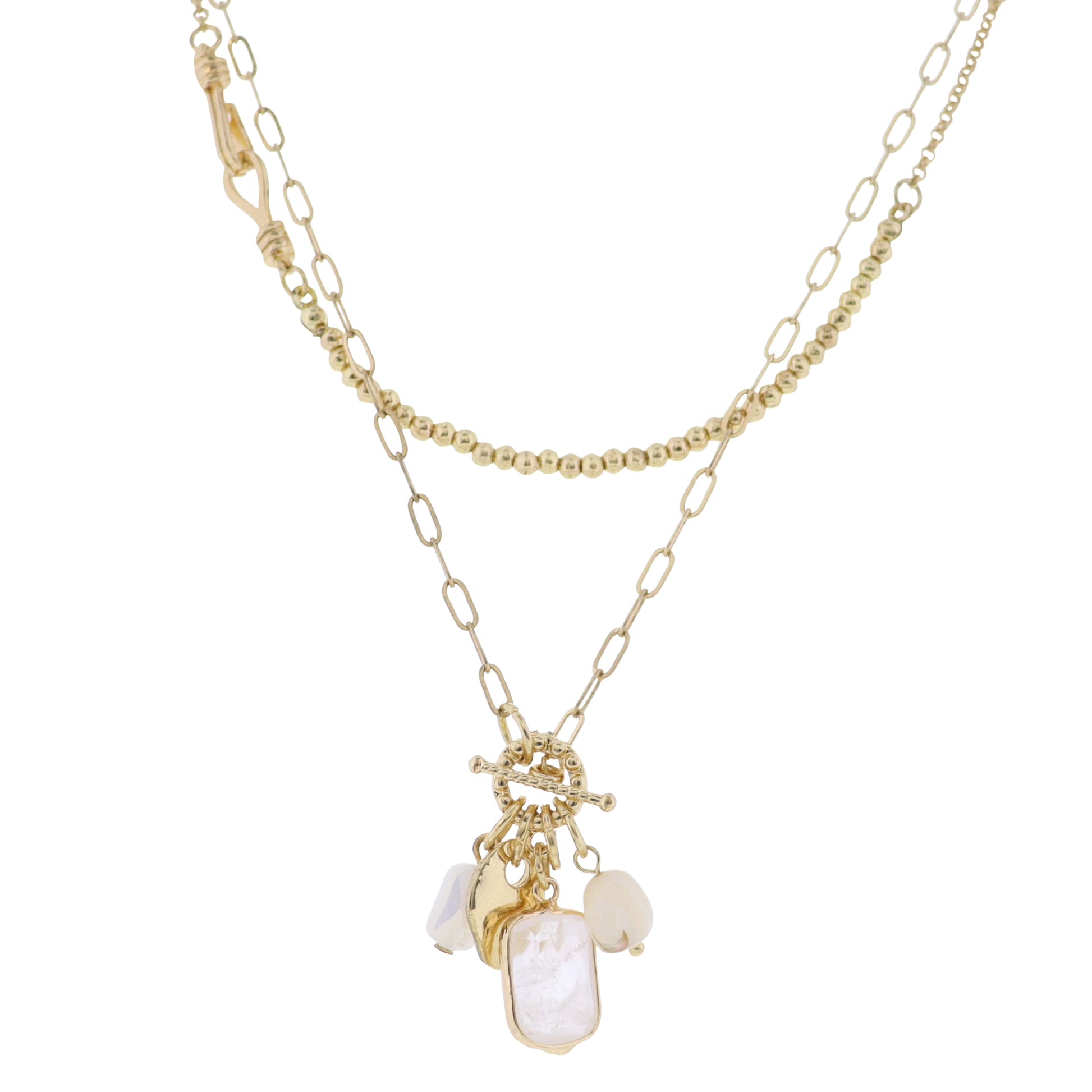 Gold Chain 2 Layer Necklace with Clear, Natural Charm Accents