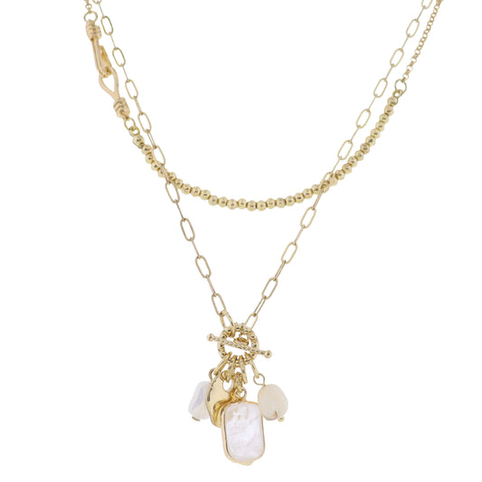 Gold Chain 2 Layer Necklace with Clear, Natural Charm Accents