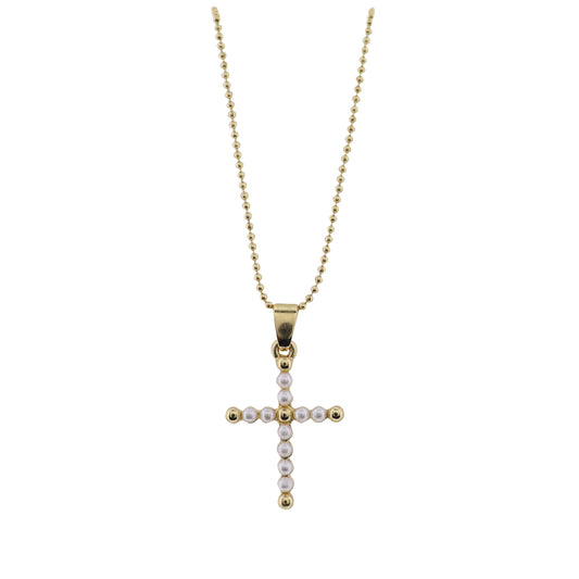 18K Gold Plated Chain Necklace with Pearl Beaded Cross