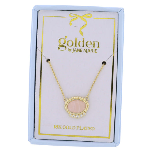 18K Gold Plated Chain Necklace with Pale Pink Oval with Crystal Accents
