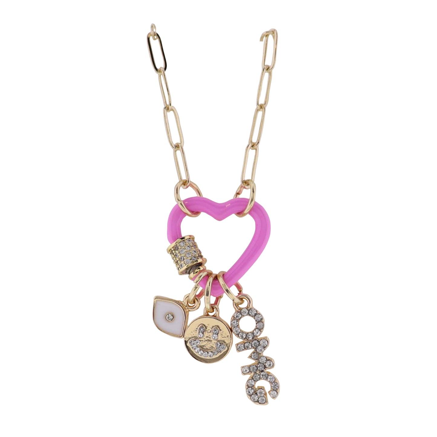 Kids Gold Paperlink Chain Necklace with Pink Heart Carabiner with Charm Accents