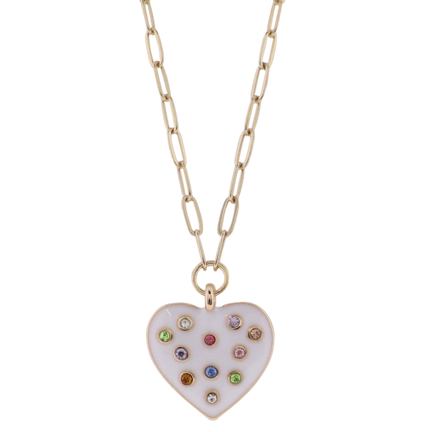 Kids Gold Paperlink Chain Necklace with White Enamel Heart with Multi Crystals