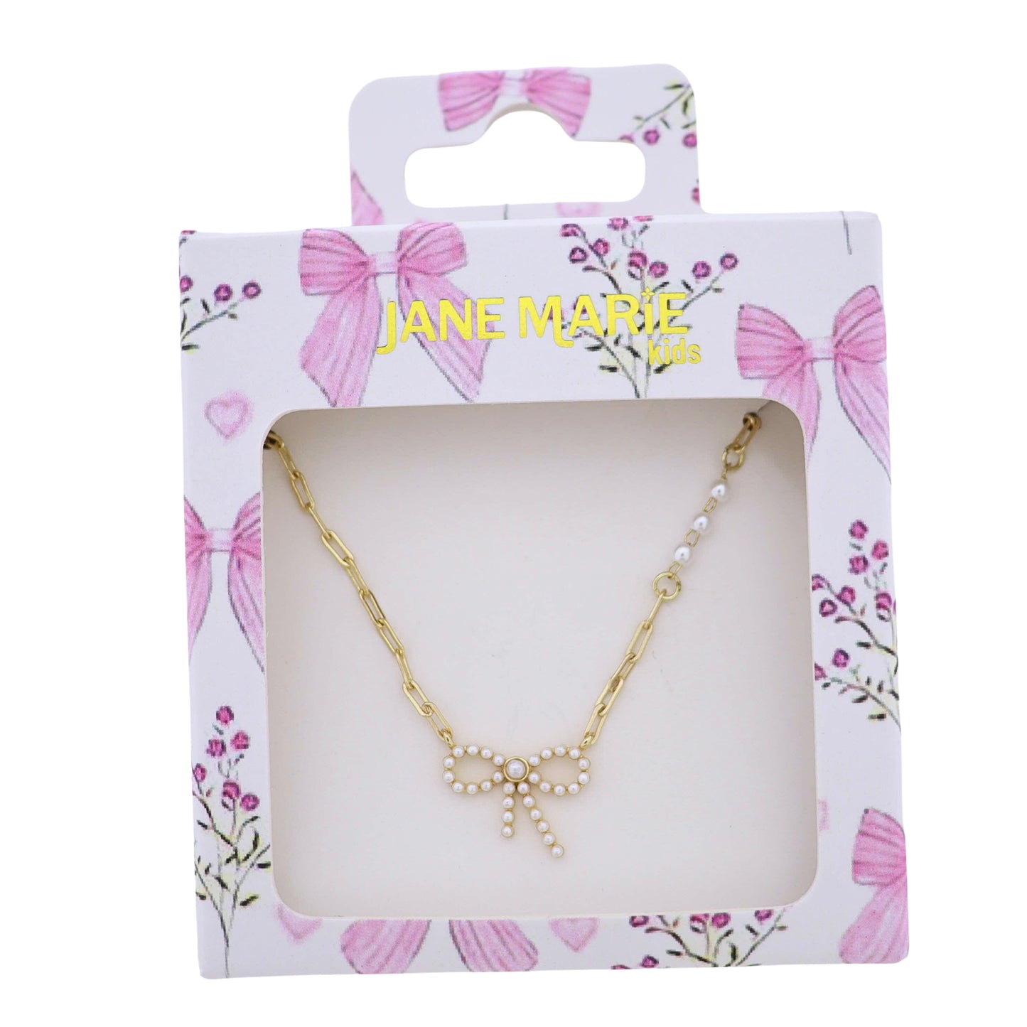 Kids Gold Paperclip Chain Necklace with Pearl Bow and Pearl Accents in Chain