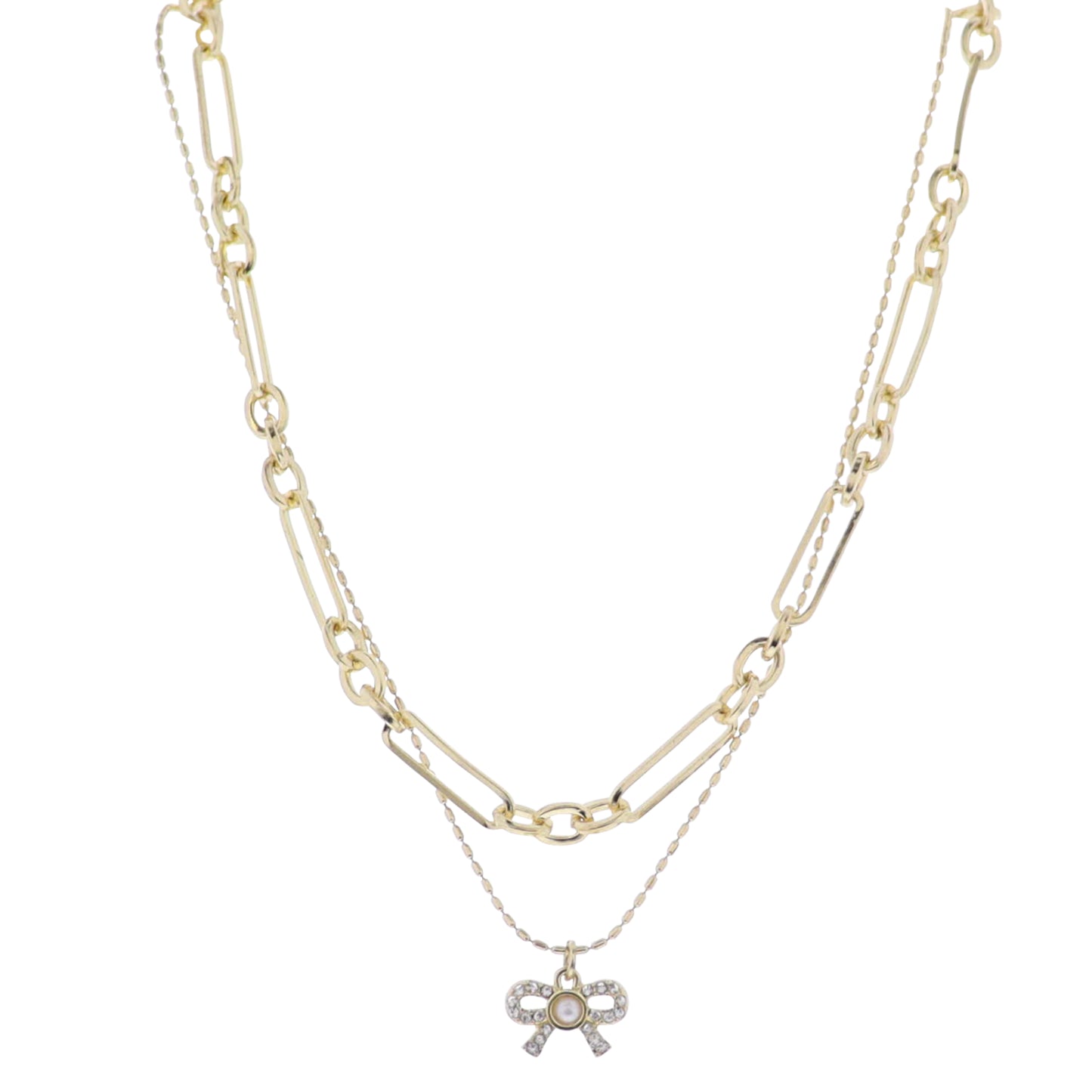 Gold Long and short 2 Layer Chain Necklace with Bow Charm