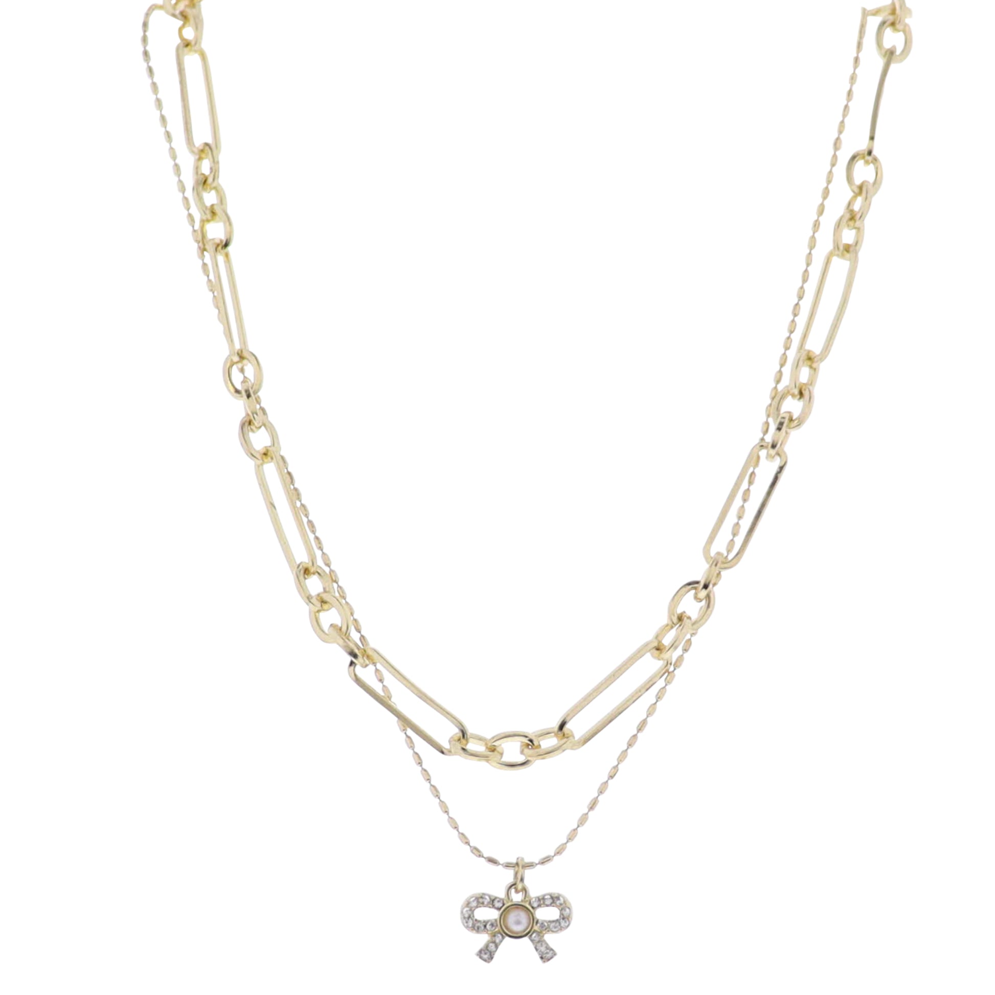 Gold Long and short 2 Layer Chain Necklace with Bow Charm