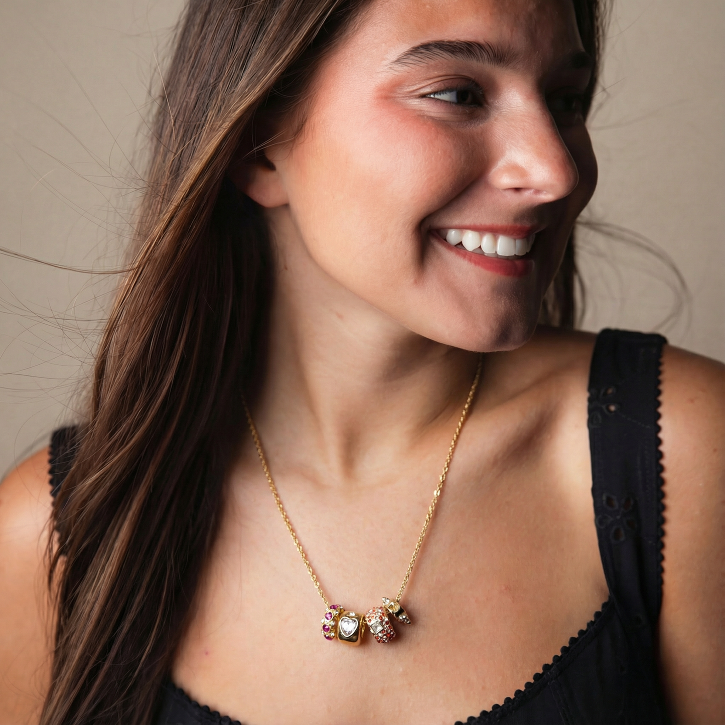 Gold Wheat Chain Necklace with Pink, Red, Clear 4 Crystal Charms