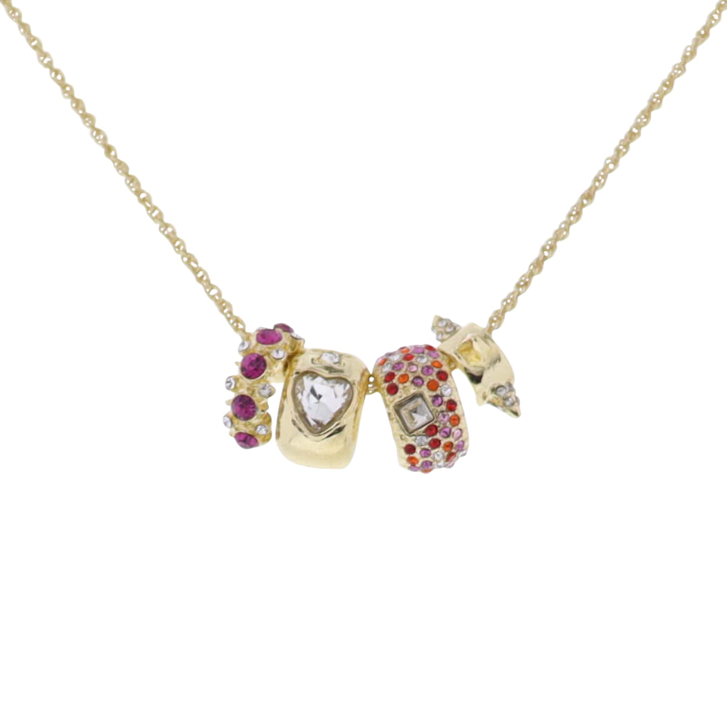Gold Wheat Chain Necklace with Pink, Red, Clear 4 Crystal Charms