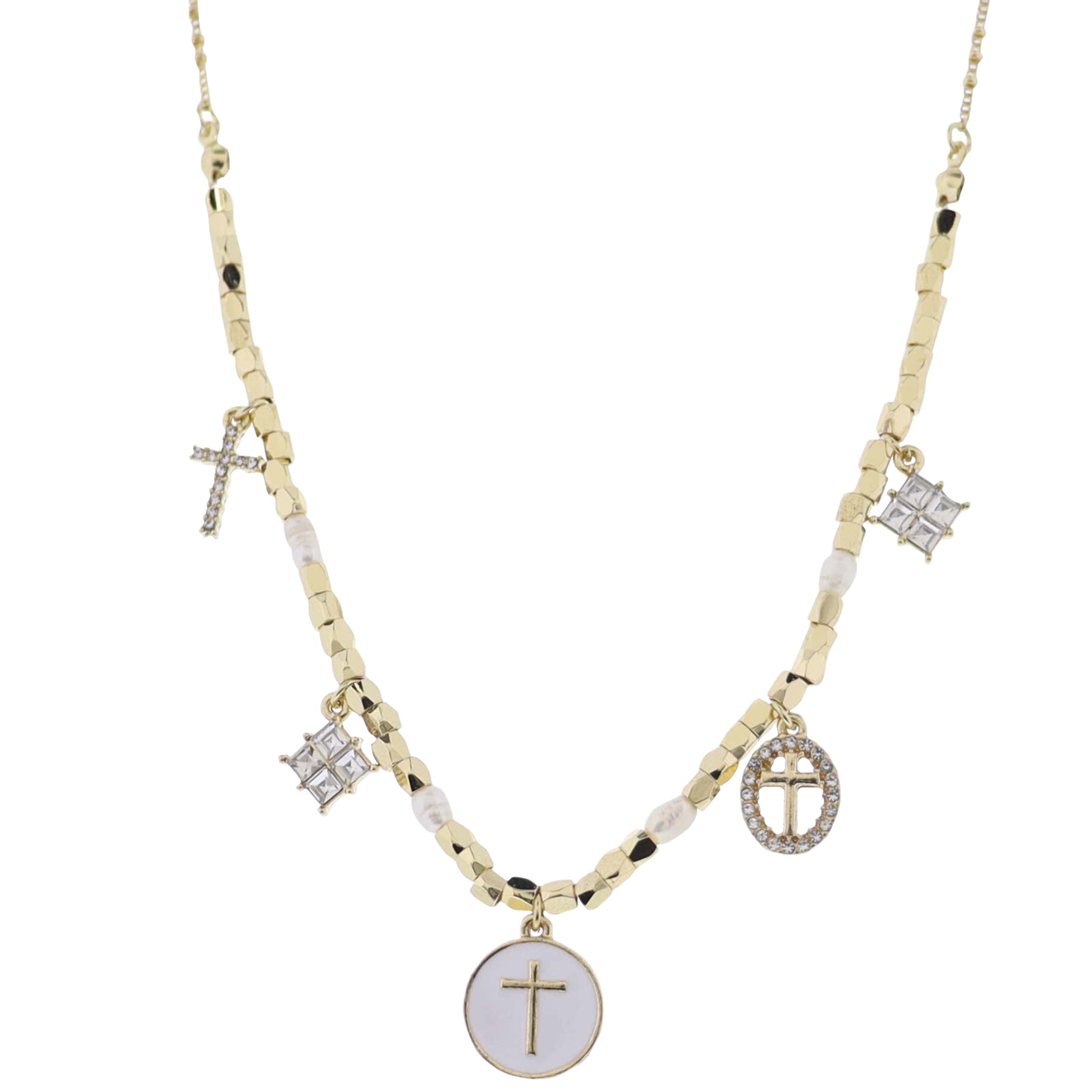 Gold Satellite Chain Necklace with Cross, Square, Cross, Cross, Square Charms