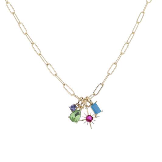 Gold Paperclip Chain Necklace with Blue, Green, Red, Blue Crystal Charms
