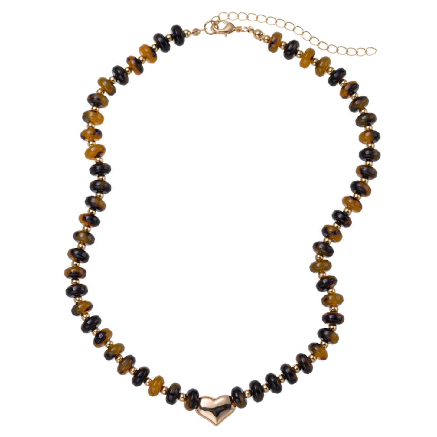 Tortoise Rondelle Beaded Necklace with Gold Heart