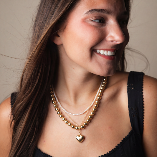 18K Gold Plated Gold & Pearl Beaded 3 Strand Necklace with Gold Heart