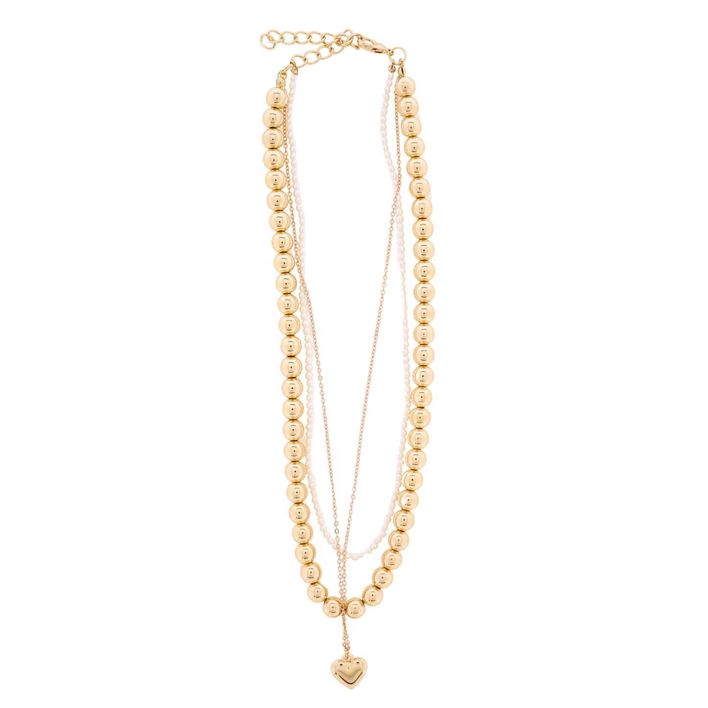 18K Gold Plated Gold & Pearl Beaded 3 Strand Necklace with Gold Heart