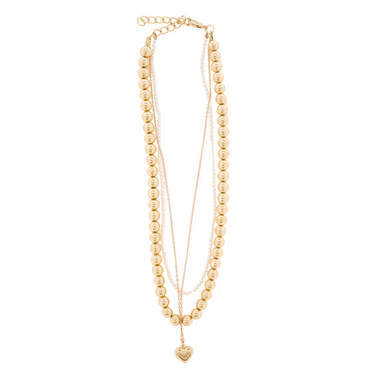 18K Gold Plated Gold & Pearl Beaded 3 Strand Necklace with Gold Heart