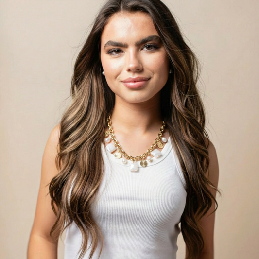 18K Gold Plated Gold Oval Link Chain Necklace with Gold & Pearl Multi Charm