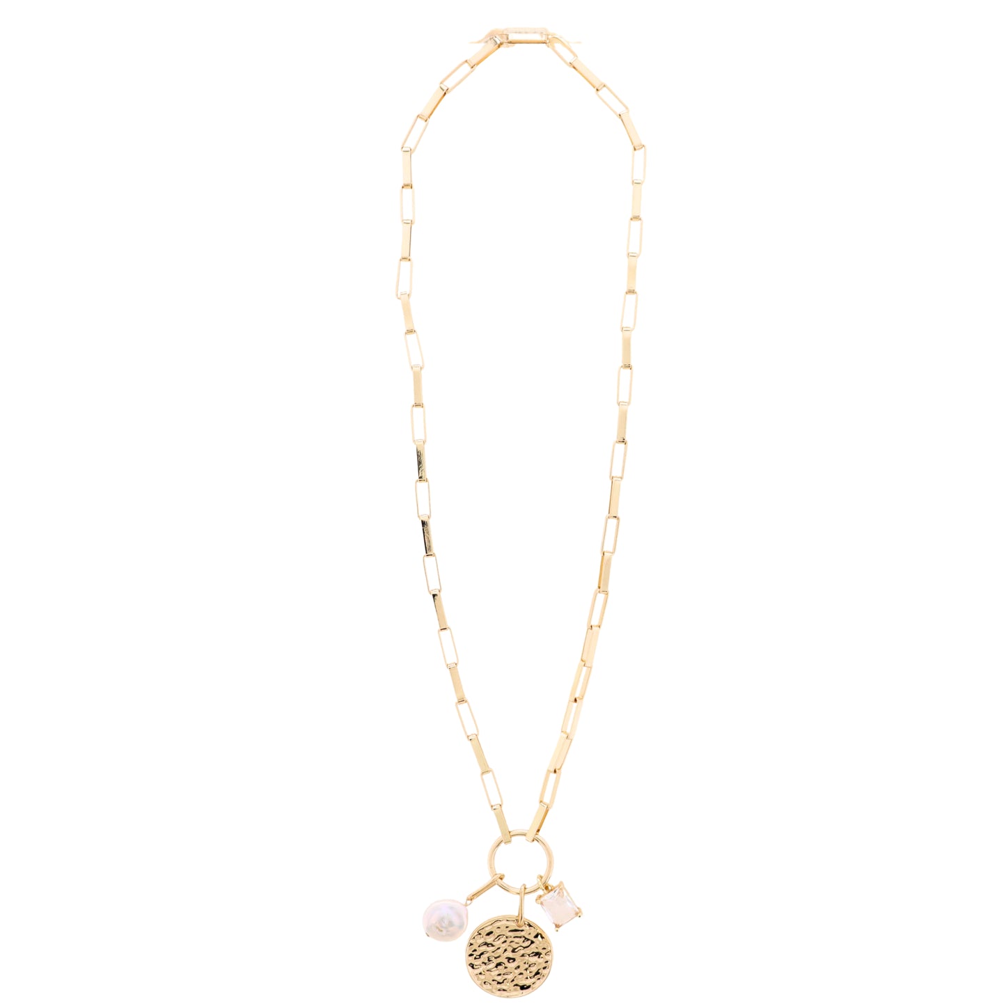 18K Gold Plated Gold Large Box Chain Necklace with Gold Hammered Disk, Clear Crystal, Pearl