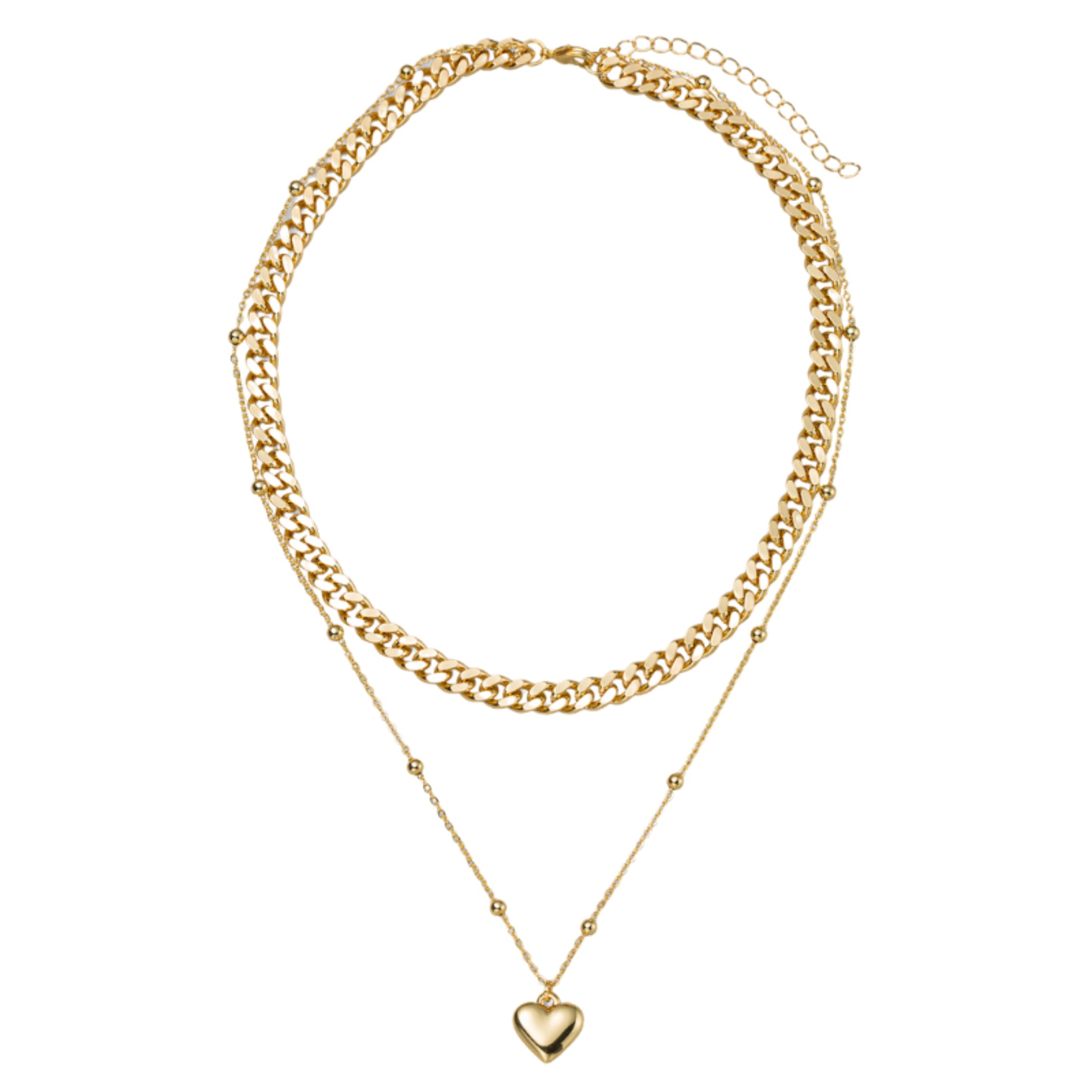 18K Gold Plated Gold Curb, Ball Station Chain Necklace with Gold Heart