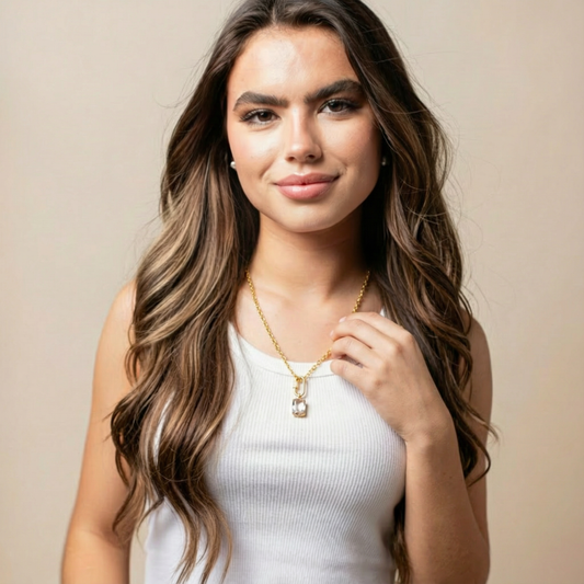 18K Gold Plated Gold Gauge Chain Necklace with Gold Carabiner with Clear Crystal