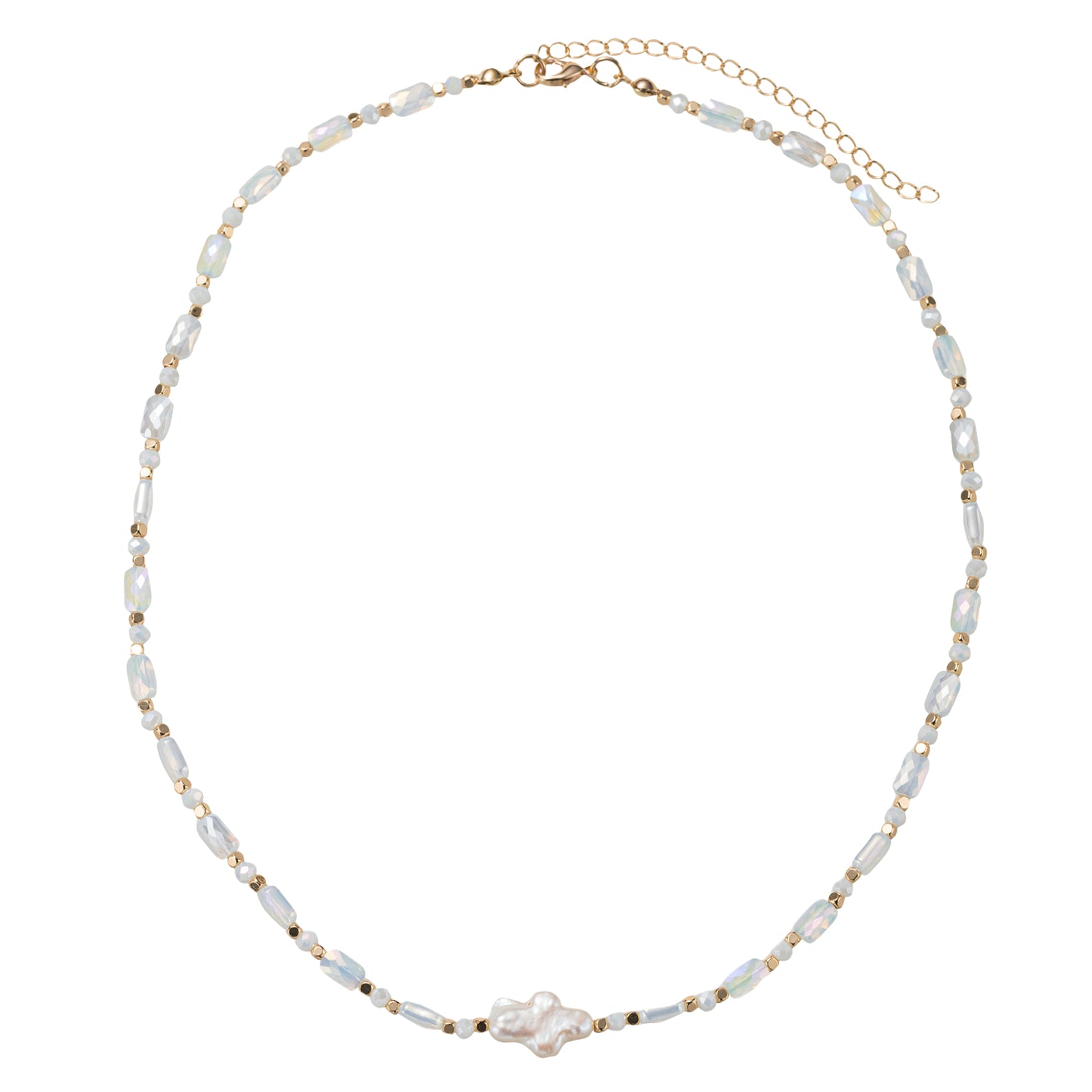Moontstone, Gold Beaded Necklace with Pearl Cross