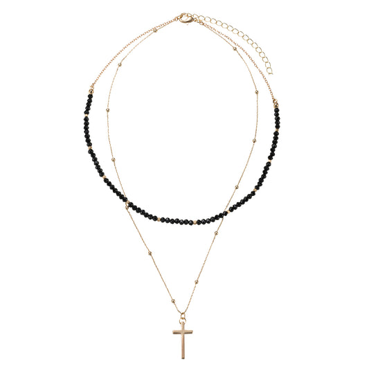Jet, Gold Beaded 2 Layer Necklace with Gold Cross