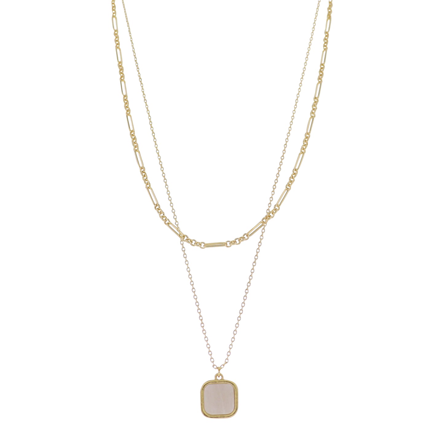18K Gold Plated 2 Layer Oval, Round Link, Cable Chain Necklace with White Sqaure Stone