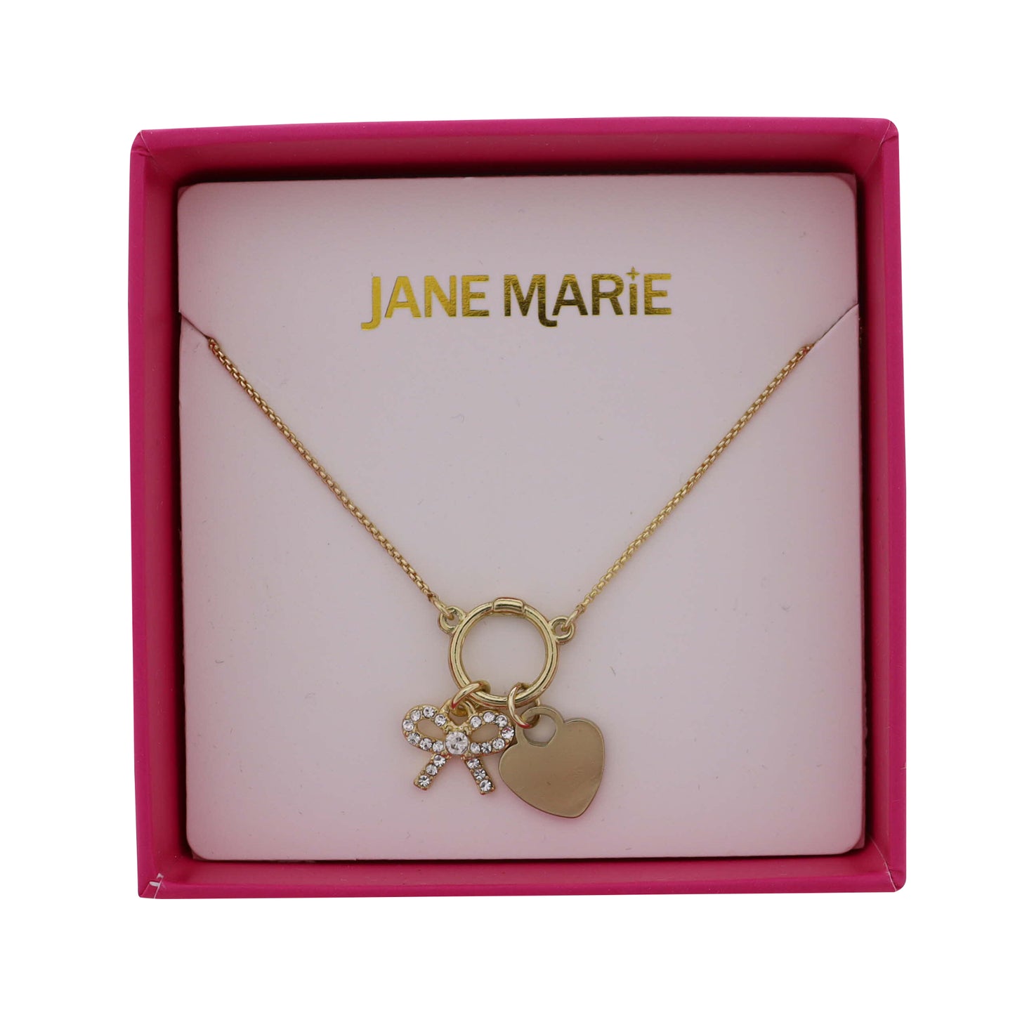 Gold Box Chain Necklace with Clear & Gold Bow & Heart