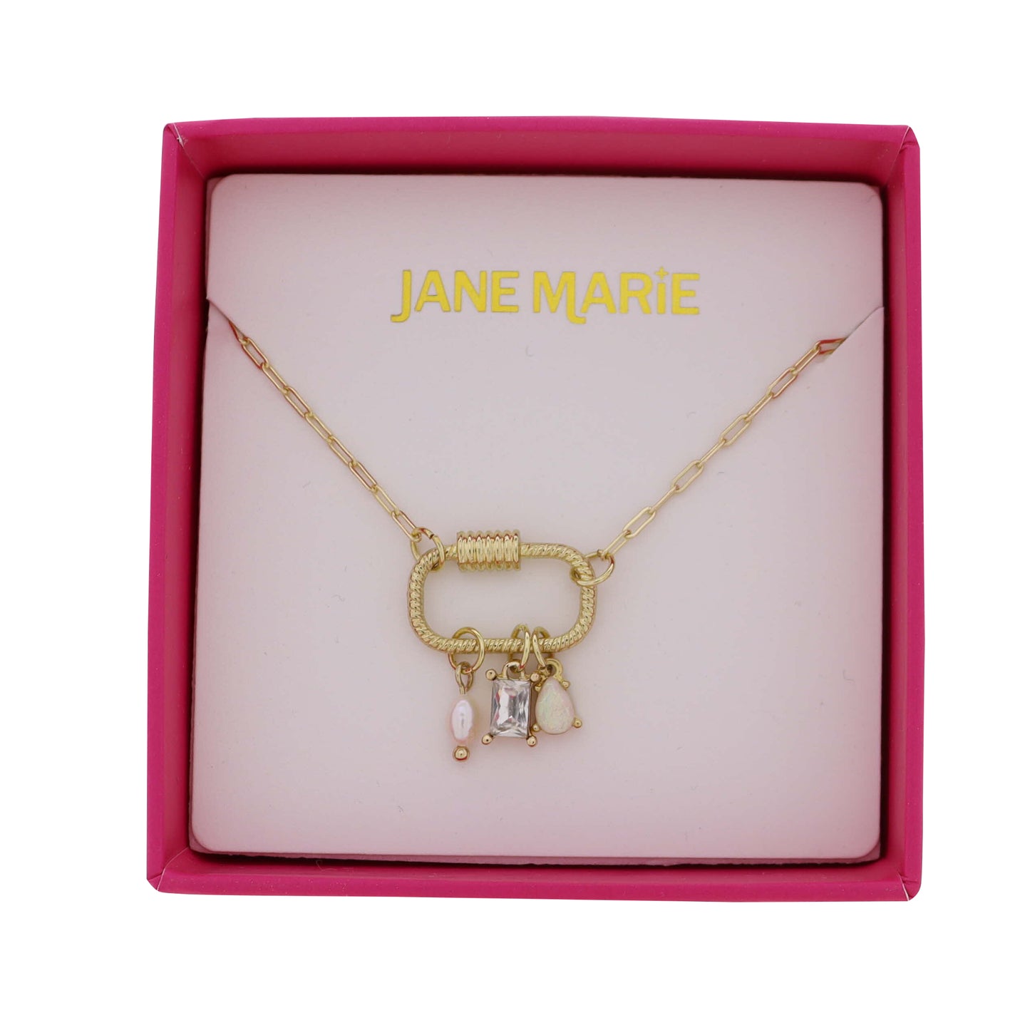 Gold Paperclip Chain Necklace with Carabiner with Pearl, Clear, Opal Charms