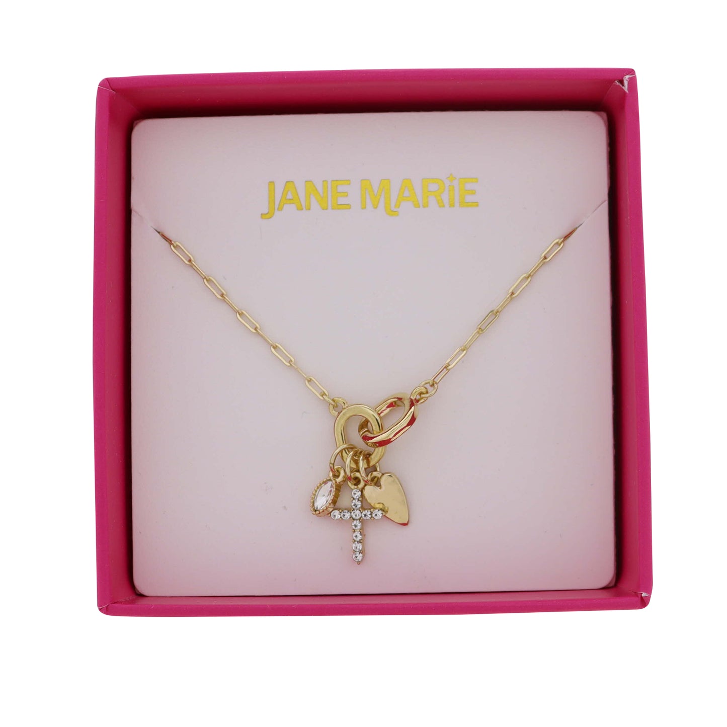 Gold Paperclip Chain Necklace with Clear Oval, Clear Cross, Gold Heart