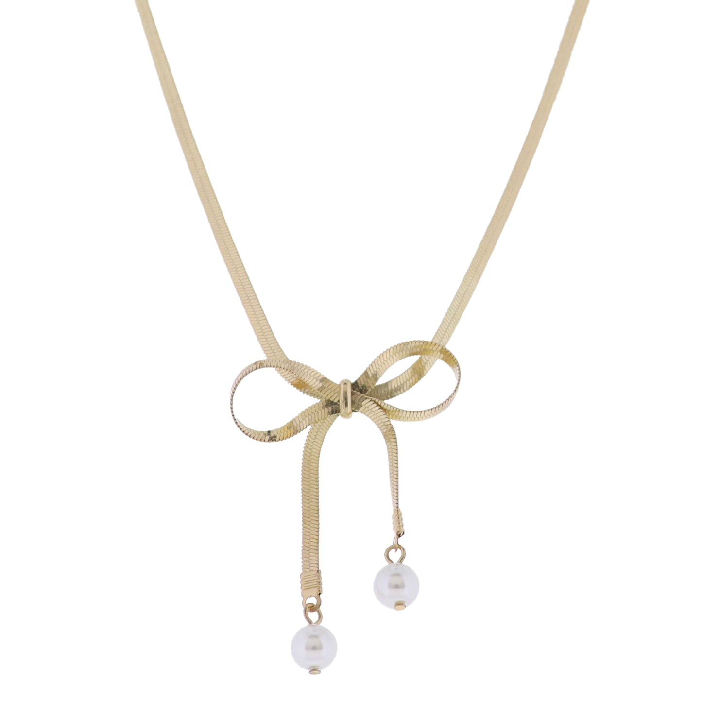 Gold Snake Chain Necklace with Gold Bow with Pearl Ends